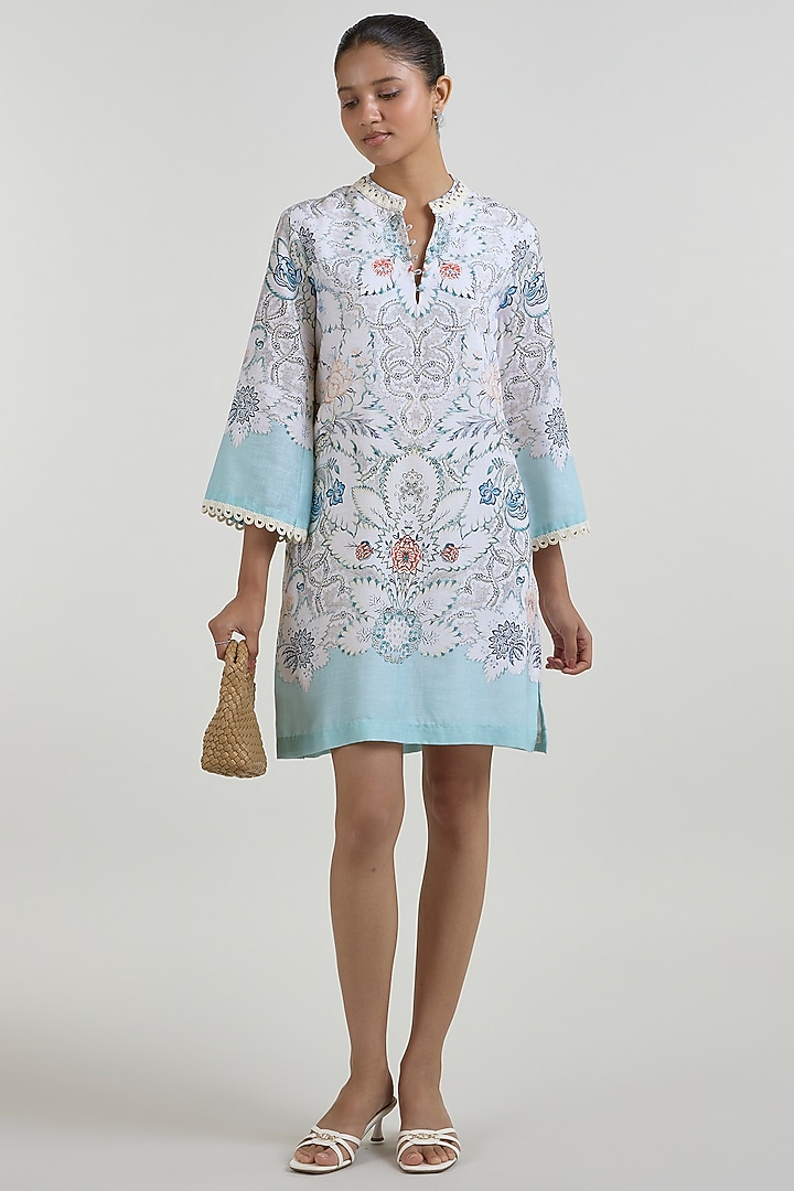 White & Teal Linen Blend Placement Printed Shift Summer Dress by Sobariko at Pernia's Pop Up Shop