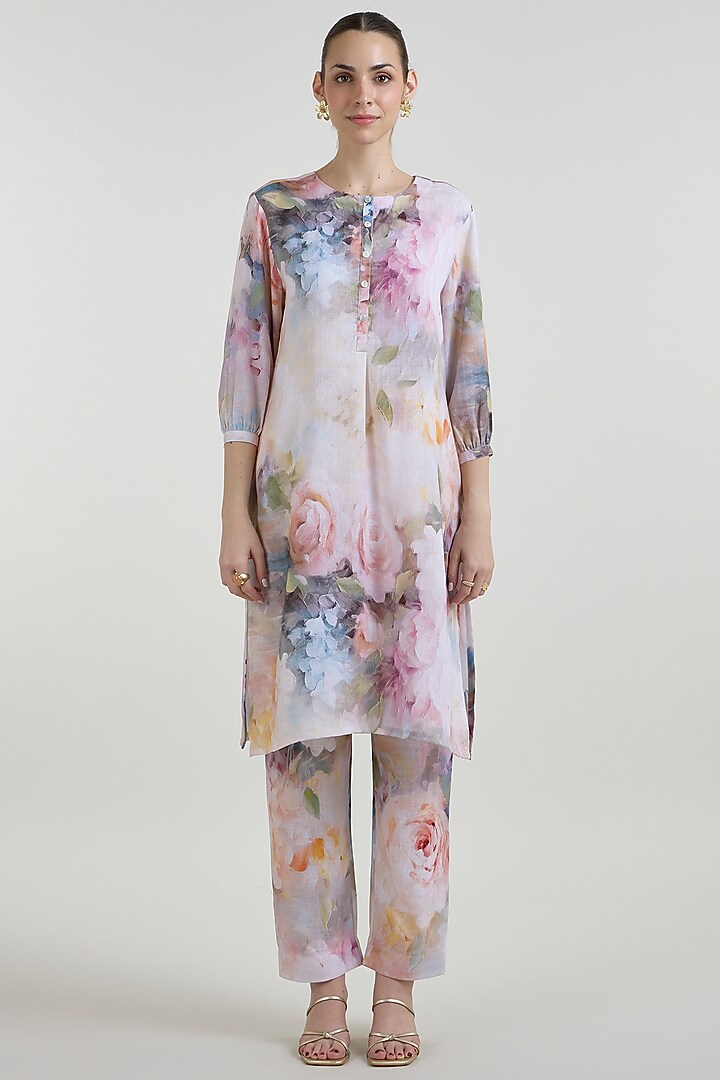 White Linen Blend Olivia Printed Tunic Set by Sobariko at Pernia's Pop Up Shop