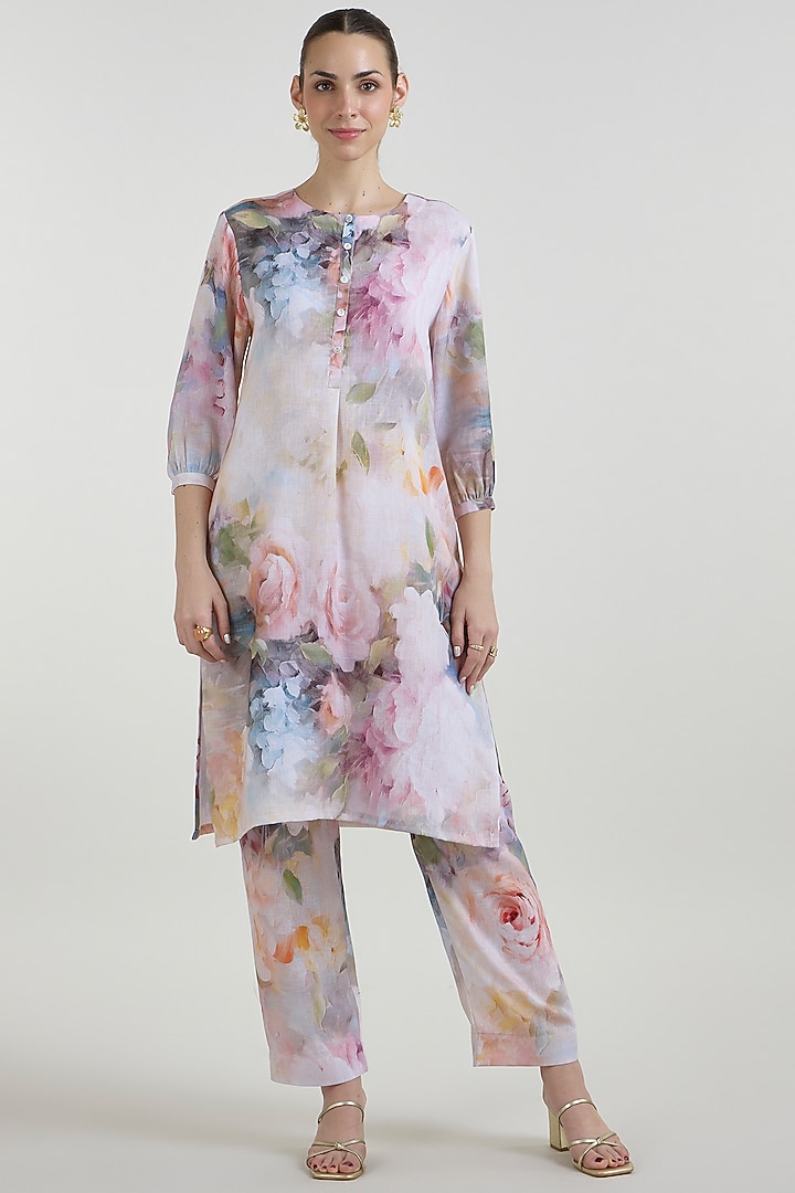 White Linen Blend Olivia Printed Tunic Set by Sobariko at Pernia's Pop Up Shop