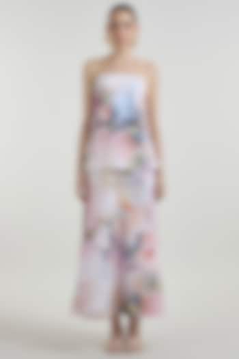 White Linen Blend Olivia Printed Strapless Layered Vacation Dress by Sobariko at Pernia's Pop Up Shop