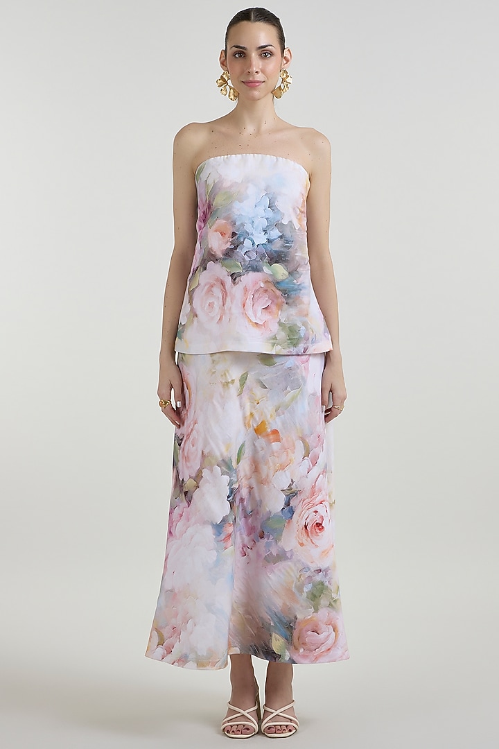 White Linen Blend Olivia Printed Strapless Layered Vacation Dress by Sobariko at Pernia's Pop Up Shop