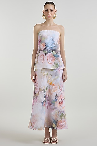 White Linen Blend Olivia Printed Strapless Layered Dress by Sobariko