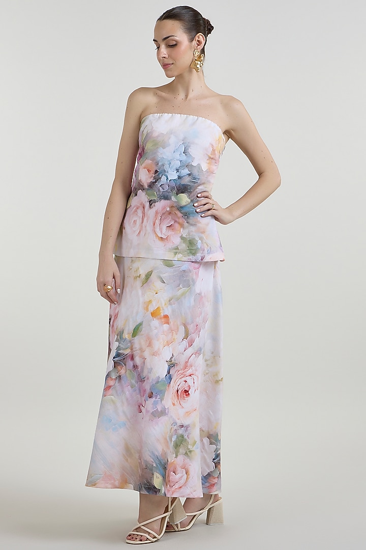 White Linen Blend Olivia Printed Strapless Layered Vacation Dress by Sobariko at Pernia's Pop Up Shop