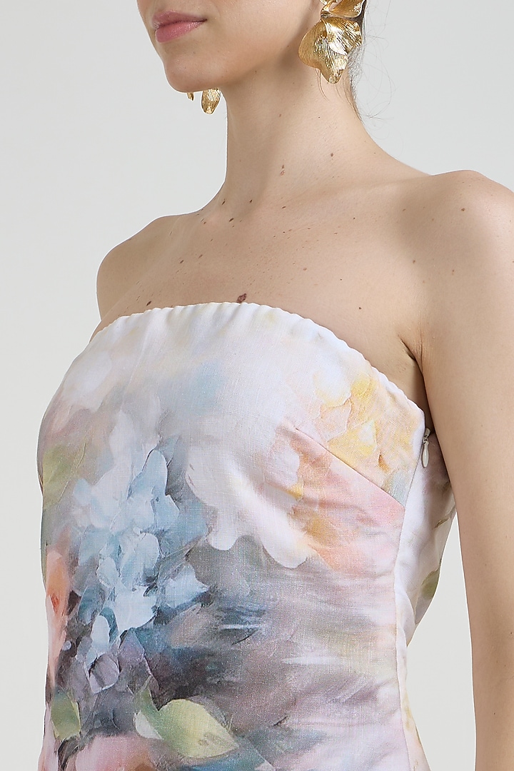 White Linen Blend Olivia Printed Strapless Layered Vacation Dress by Sobariko at Pernia's Pop Up Shop