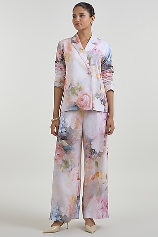 White Linen Blend Olivia Printed Strapless Wrap Jacket Set by Sobariko