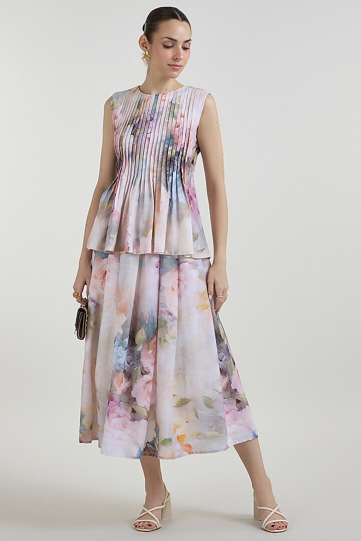 White Linen Blend Olivia Printed Skirt Set by Sobariko at Pernia's Pop Up Shop