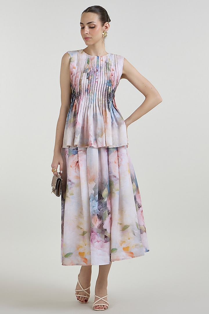 White Linen Blend Olivia Printed Skirt Set by Sobariko at Pernia's Pop Up Shop
