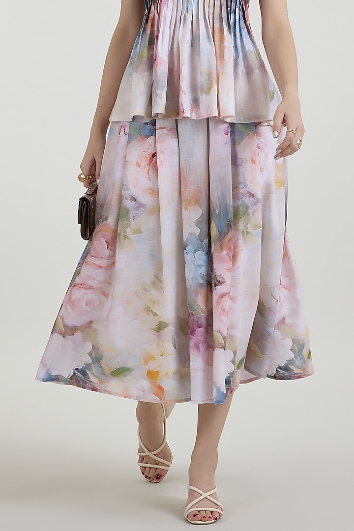 White Linen Blend Olivia Printed Skirt Set by Sobariko at Pernia's Pop Up Shop