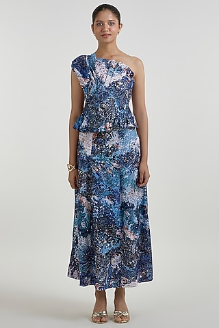 Multi-Colored Linen Blend Mosaic Printed Skirt Set by Sobariko