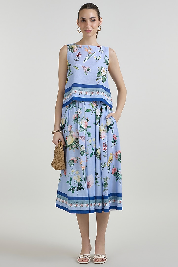 Blue Linen Blend Floral Printed Skirt Set by Sobariko at Pernia's Pop Up Shop