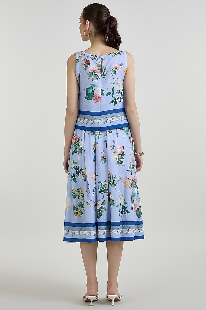 Blue Linen Blend Floral Printed Skirt Set by Sobariko at Pernia's Pop Up Shop