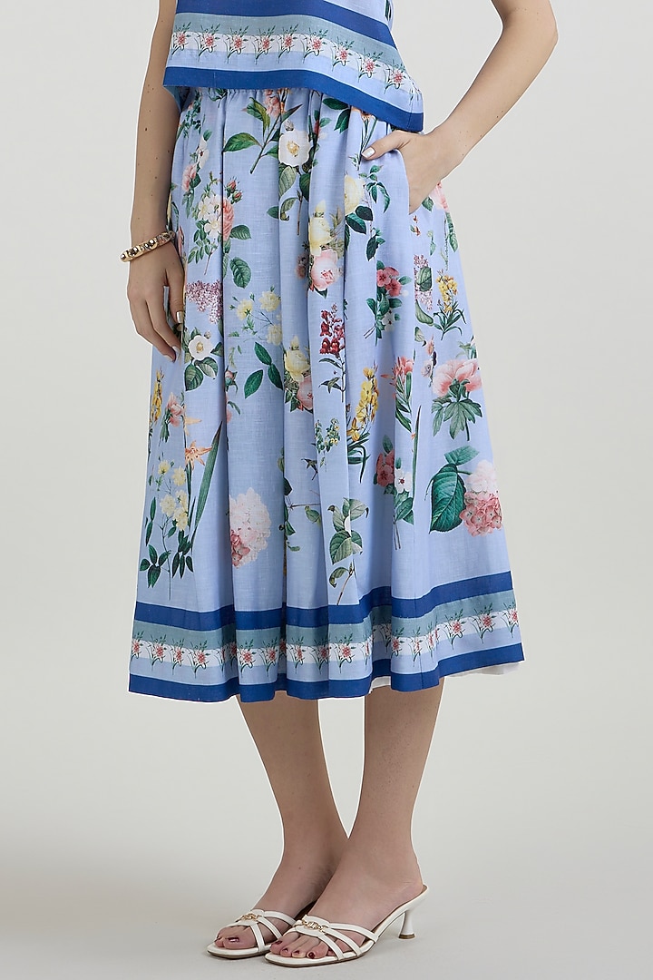 Blue Linen Blend Floral Printed Skirt Set by Sobariko at Pernia's Pop Up Shop