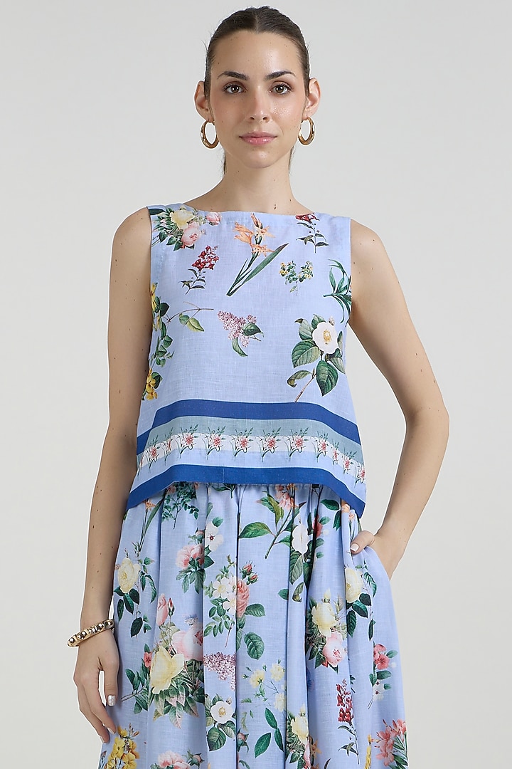 Blue Linen Blend Floral Printed Skirt Set by Sobariko at Pernia's Pop Up Shop
