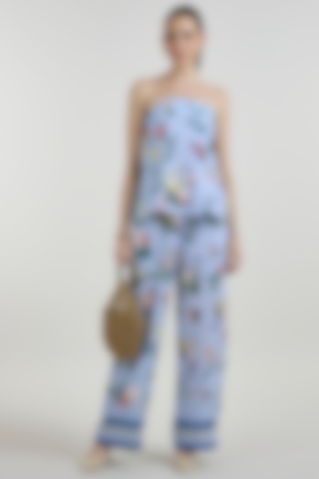 Blue Linen Blend Floral Co-Ord Set by Sobariko at Pernia's Pop Up Shop