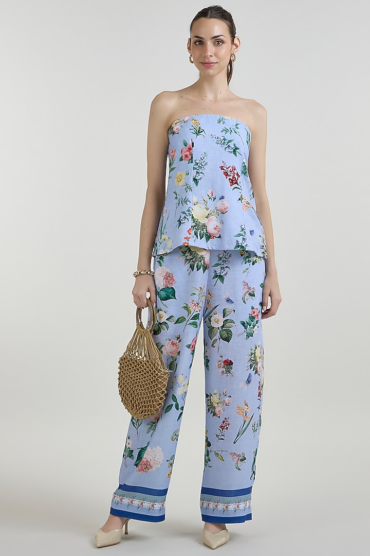 Blue Linen Blend Floral Co-Ord Set by Sobariko at Pernia's Pop Up Shop