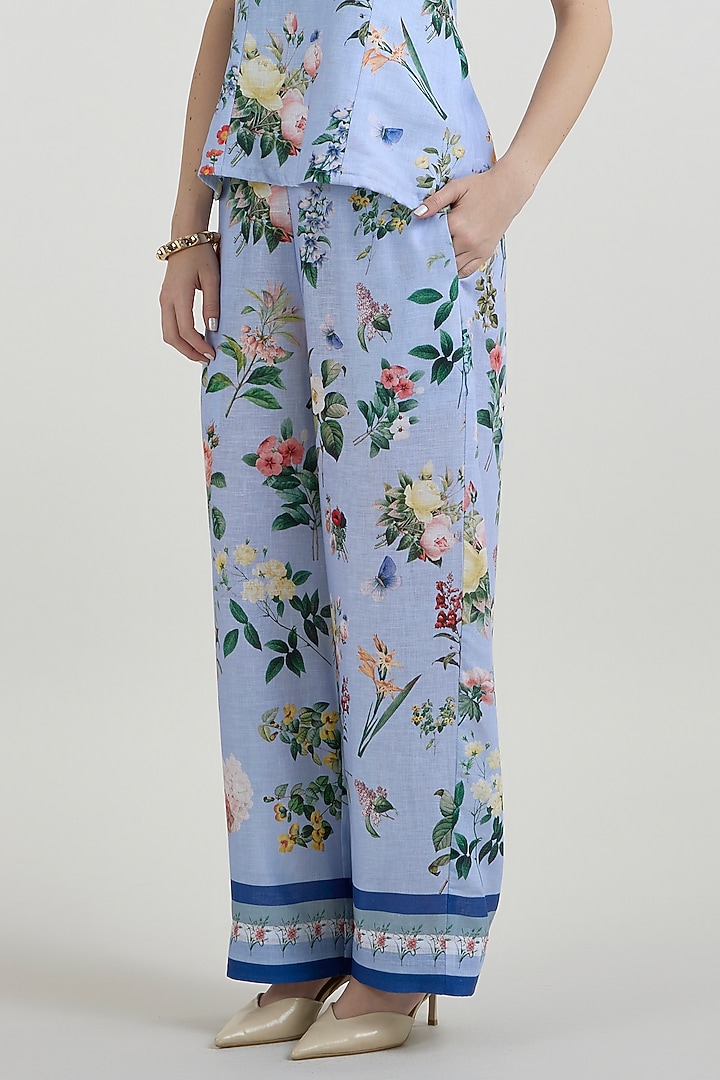 Blue Linen Blend Floral Co-Ord Set by Sobariko at Pernia's Pop Up Shop