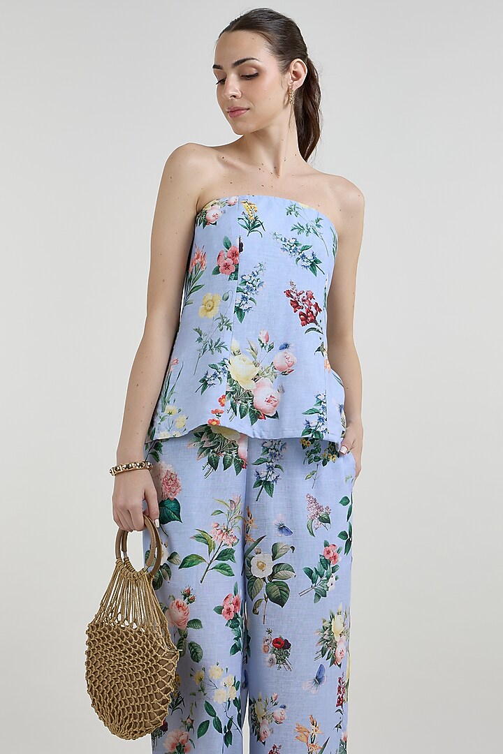 Blue Linen Blend Floral Co-Ord Set by Sobariko at Pernia's Pop Up Shop
