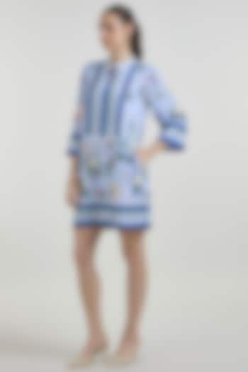 Blue Linen Blend Floral Printed Shift Summer Dress by Sobariko at Pernia's Pop Up Shop