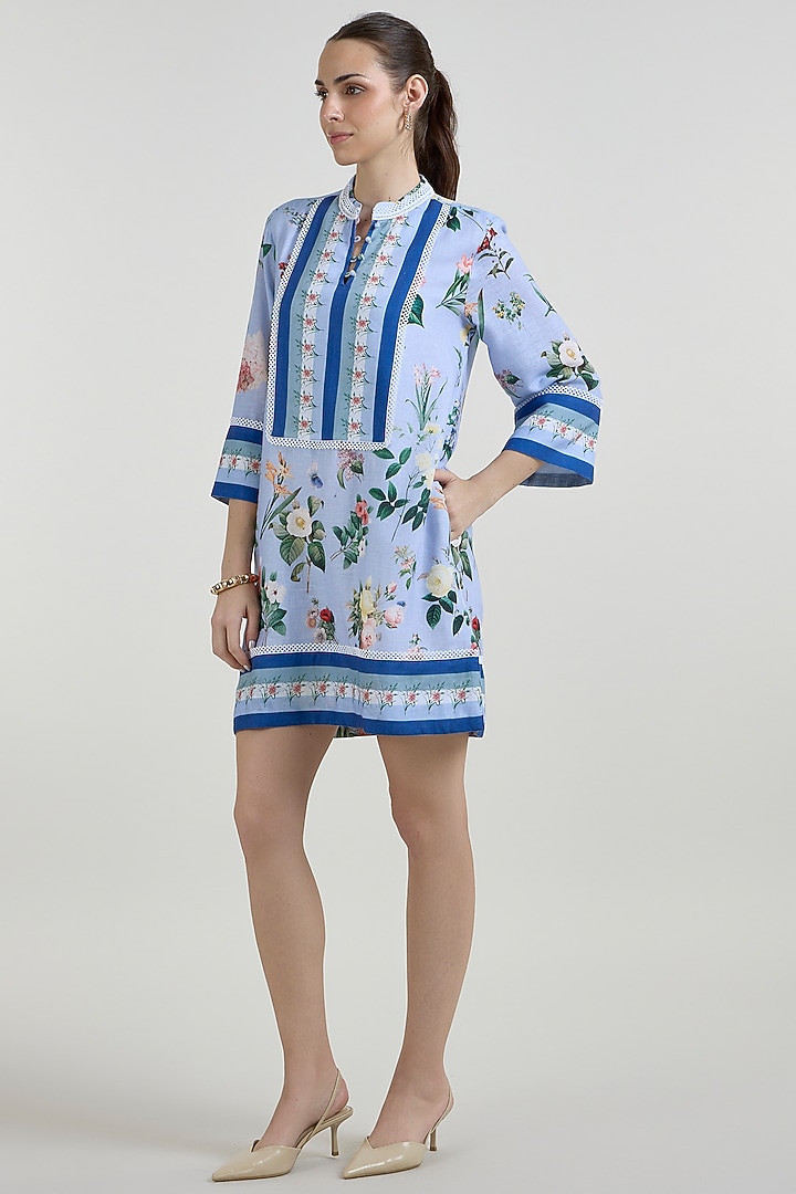 Blue Linen Blend Floral Printed Shift Summer Dress by Sobariko at Pernia's Pop Up Shop