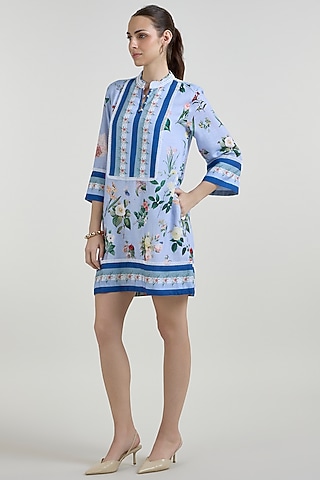 Blue Linen Blend Floral Printed Shift Dress by Sobariko