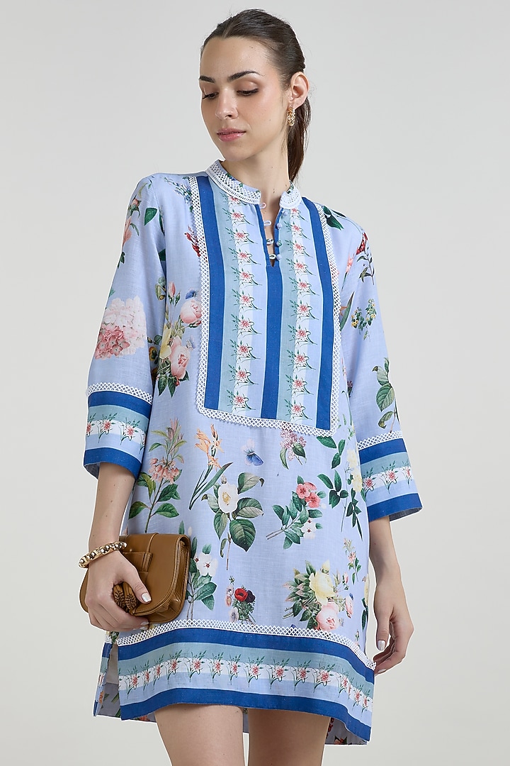 Blue Linen Blend Floral Printed Shift Summer Dress by Sobariko at Pernia's Pop Up Shop