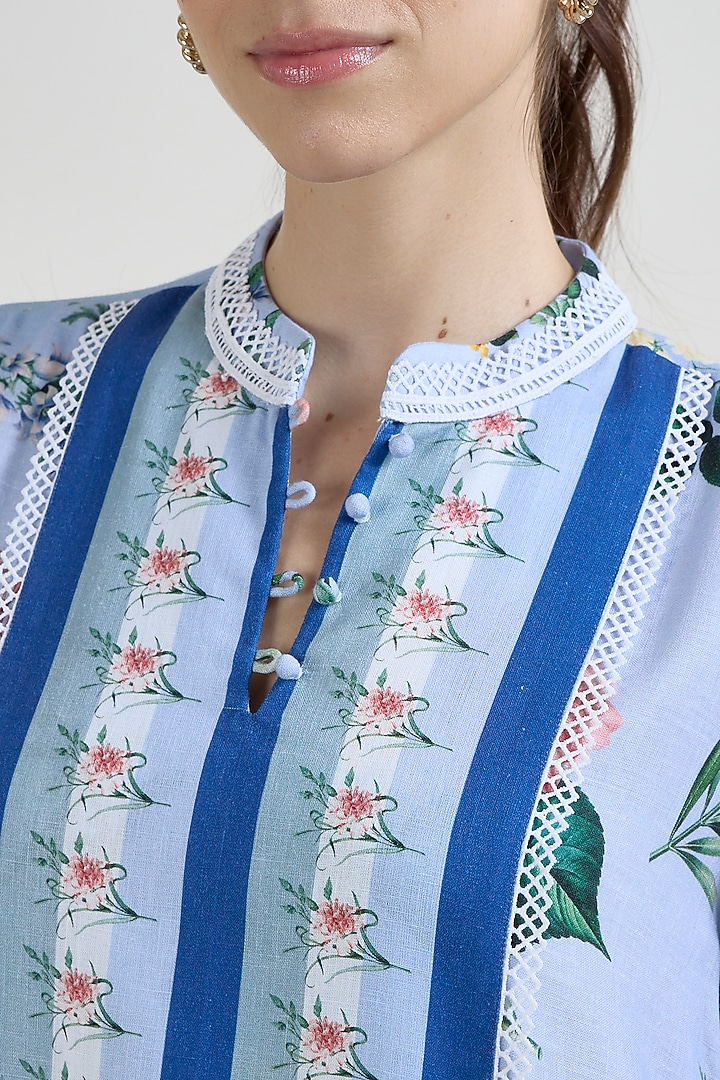 Blue Linen Blend Floral Printed Shift Summer Dress by Sobariko at Pernia's Pop Up Shop