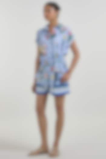 Blue Linen Blend Floral Printed Co-ord Set by Sobariko at Pernia's Pop Up Shop