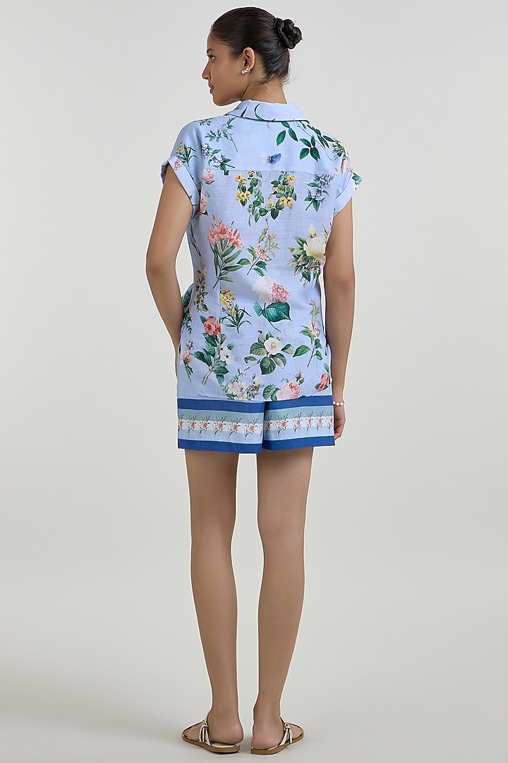 Blue Linen Blend Floral Printed Co-ord Set by Sobariko at Pernia's Pop Up Shop