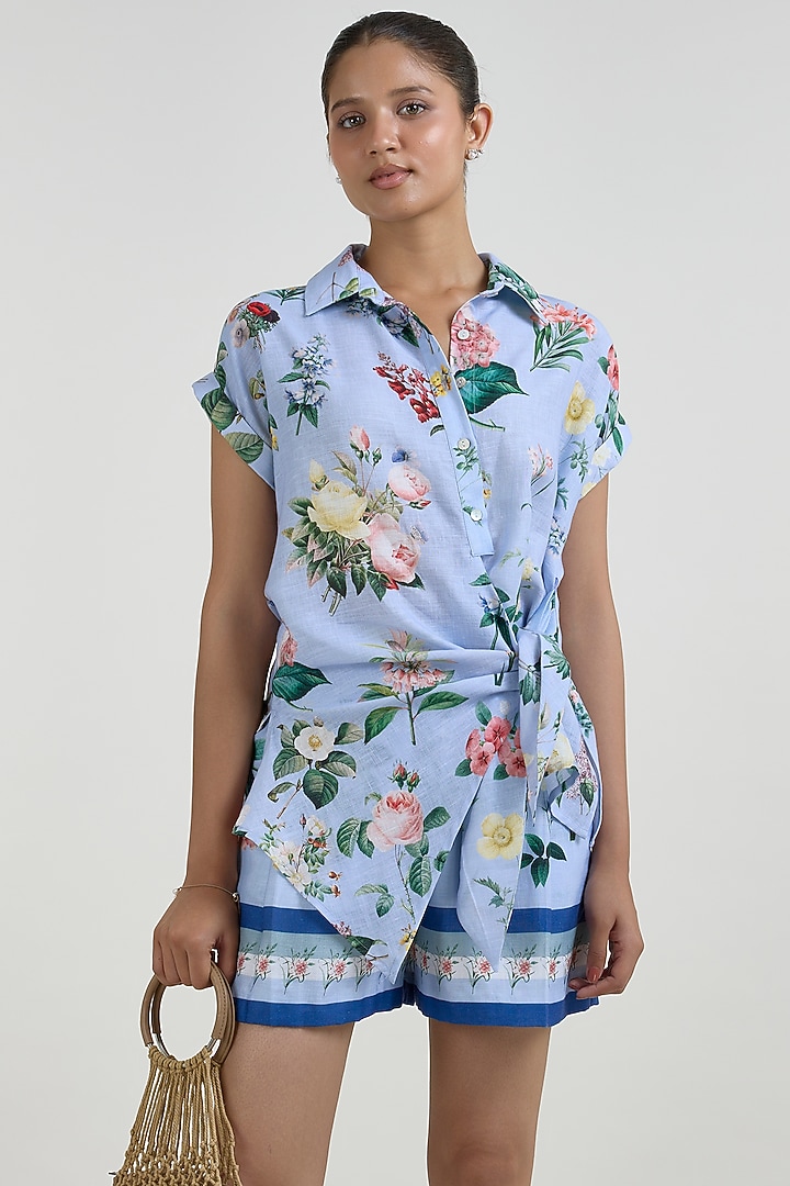 Blue Linen Blend Floral Printed Co-ord Set by Sobariko at Pernia's Pop Up Shop