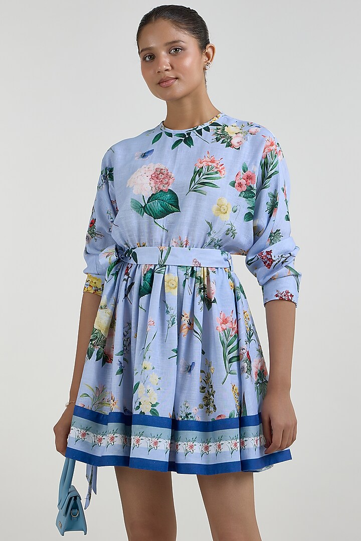 Blue Linen Blend Mini Summer Dress by Sobariko at Pernia's Pop Up Shop