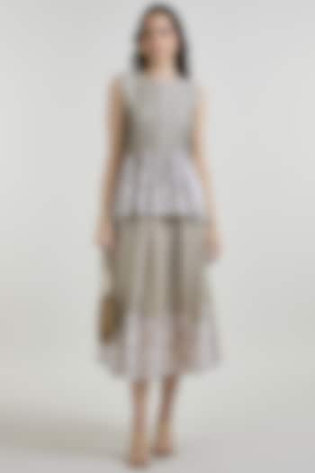 Khaki Beige Linen Blend Placement Printed Midi Skirt Set by Sobariko at Pernia's Pop Up Shop