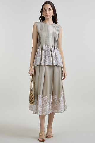Khaki Beige Linen Blend Placement Printed Midi Skirt Set by Sobariko