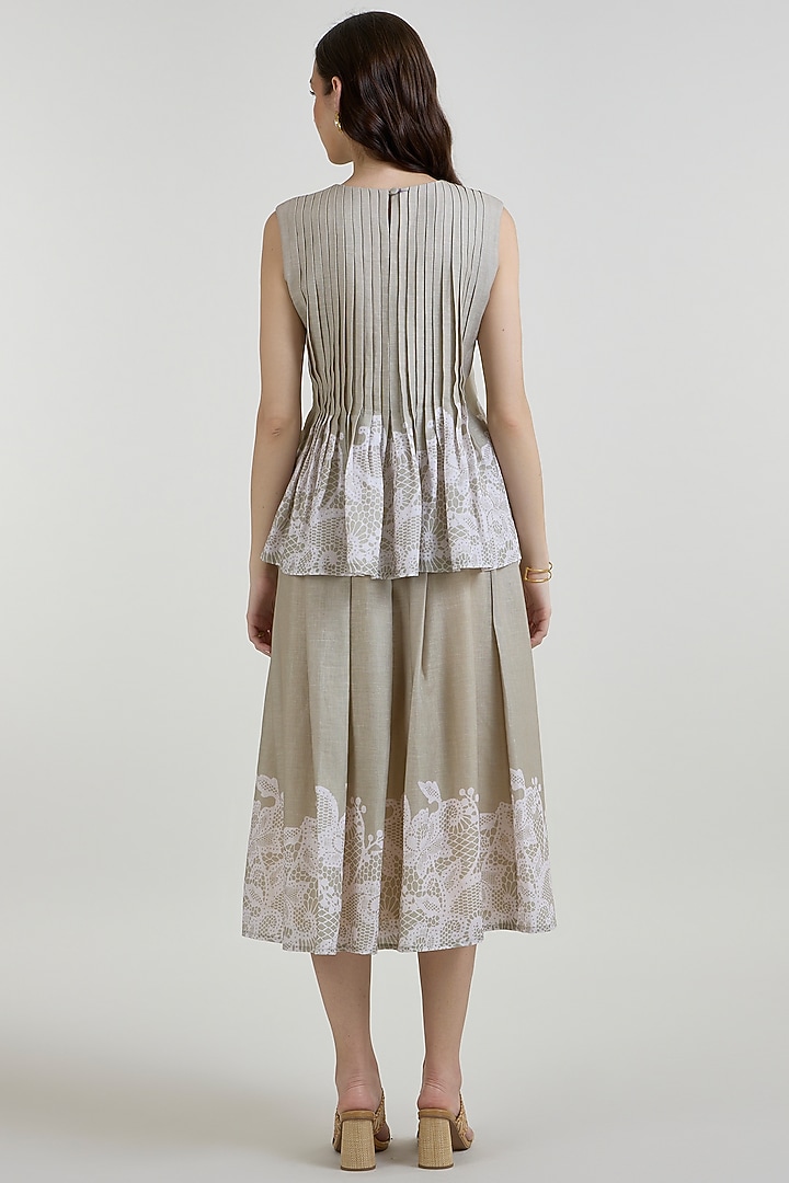 Khaki Beige Linen Blend Placement Printed Midi Skirt Set by Sobariko at Pernia's Pop Up Shop
