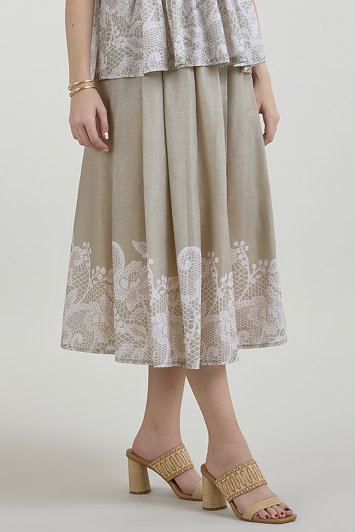 Khaki Beige Linen Blend Placement Printed Midi Skirt Set by Sobariko at Pernia's Pop Up Shop
