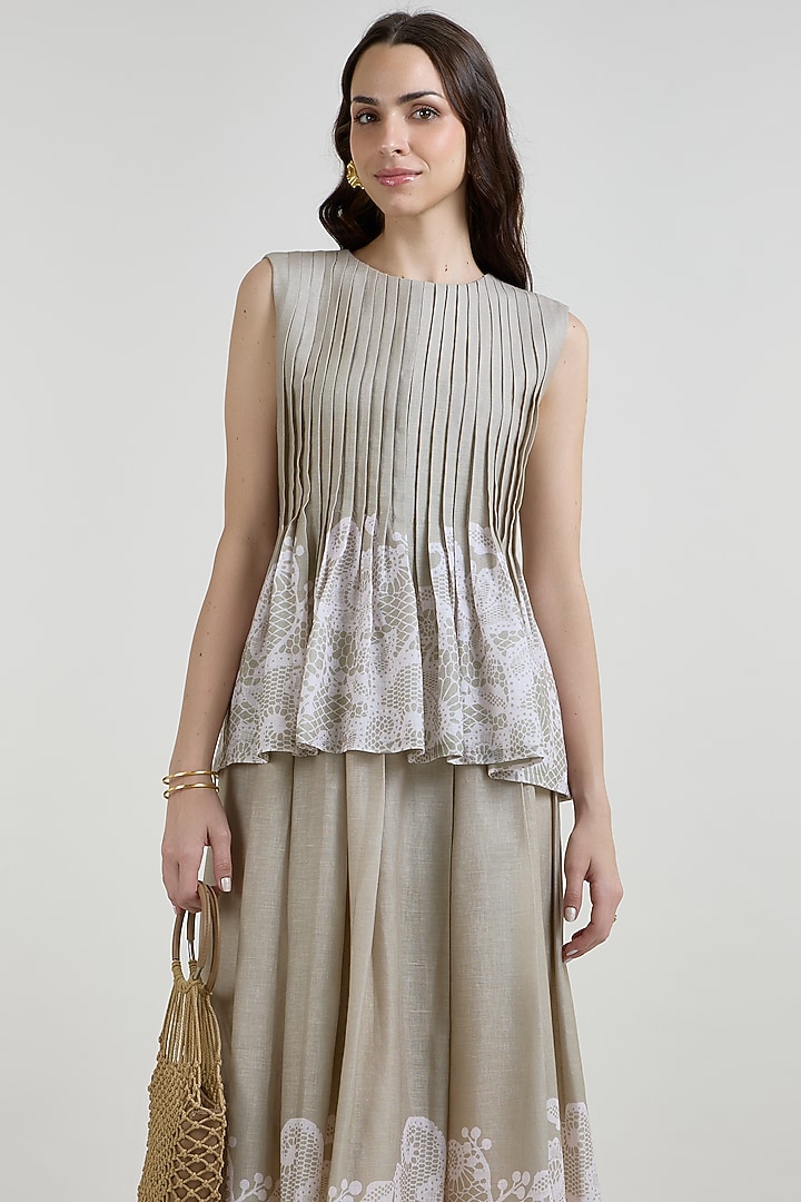Khaki Beige Linen Blend Placement Printed Midi Skirt Set by Sobariko at Pernia's Pop Up Shop