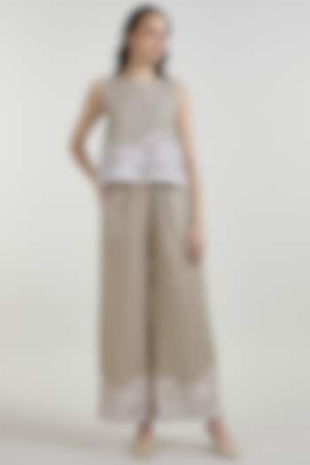 Khaki Beige Linen Blend Lace Printed Co-Ord Set by Sobariko at Pernia's Pop Up Shop
