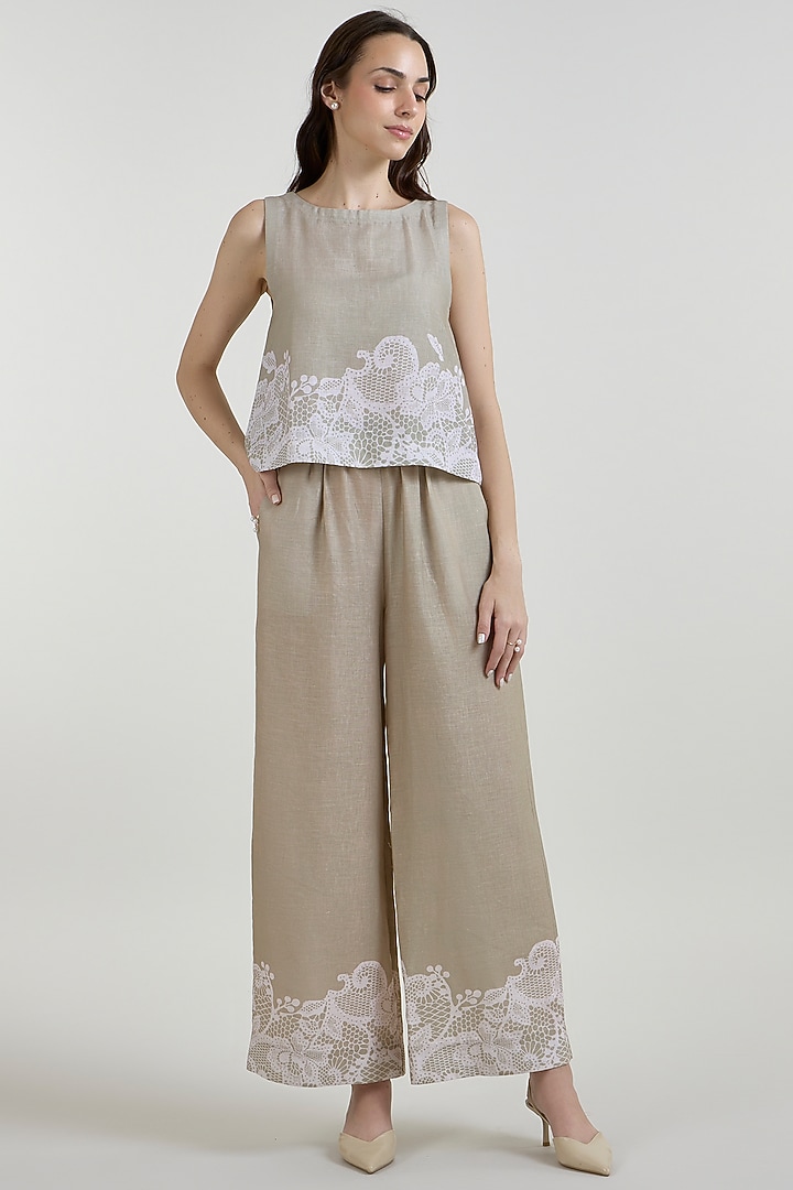 Khaki Beige Linen Blend Lace Printed Co-Ord Set by Sobariko at Pernia's Pop Up Shop