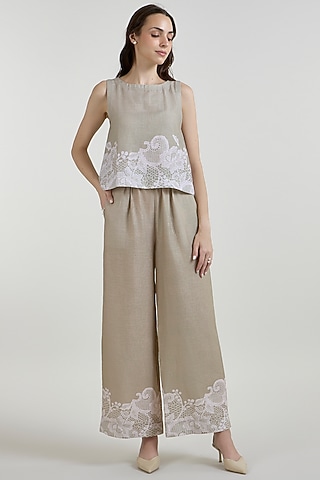 Khaki Beige Linen Blend Lace Printed Co-Ord Set by Sobariko