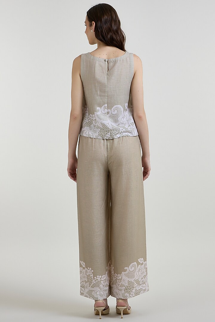 Khaki Beige Linen Blend Lace Printed Co-Ord Set by Sobariko at Pernia's Pop Up Shop