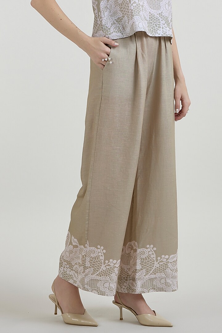 Khaki Beige Linen Blend Lace Printed Co-Ord Set by Sobariko at Pernia's Pop Up Shop