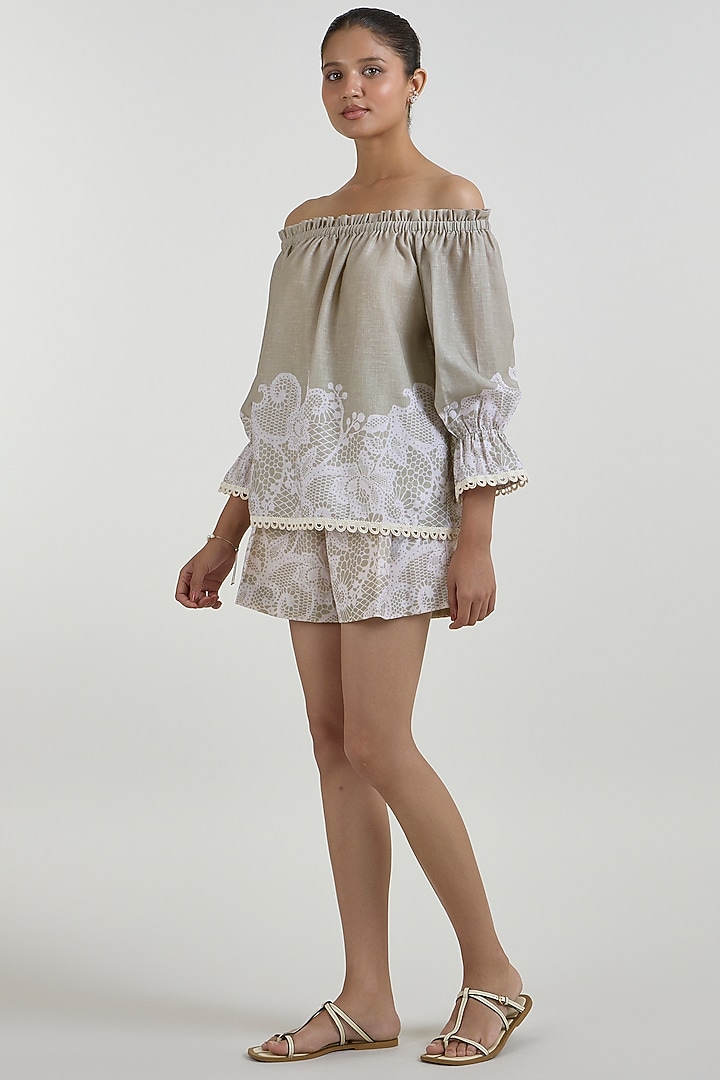 Khaki Beige Linen Blend Placement Printed Co-Ord Set by Sobariko at Pernia's Pop Up Shop