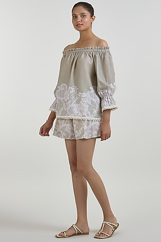 Khaki Beige Linen Blend Placement Printed Co-Ord Set by Sobariko