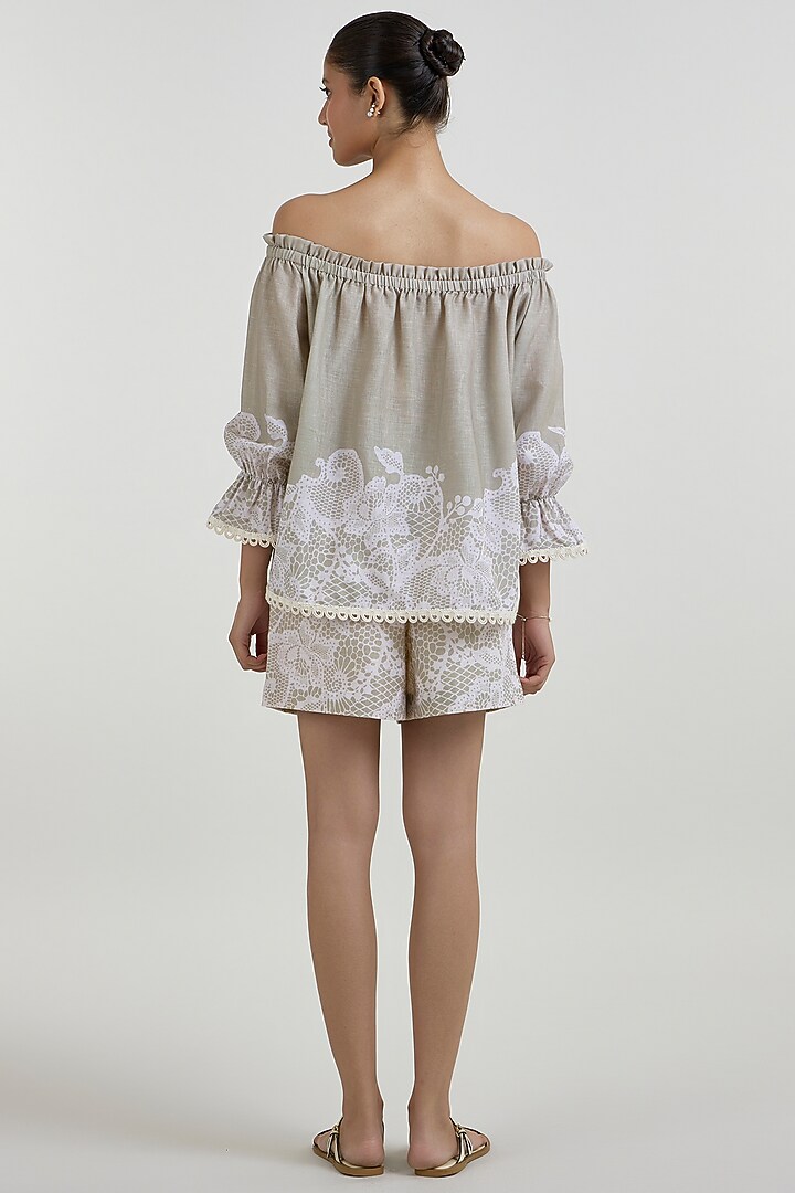 Khaki Beige Linen Blend Placement Printed Co-Ord Set by Sobariko at Pernia's Pop Up Shop