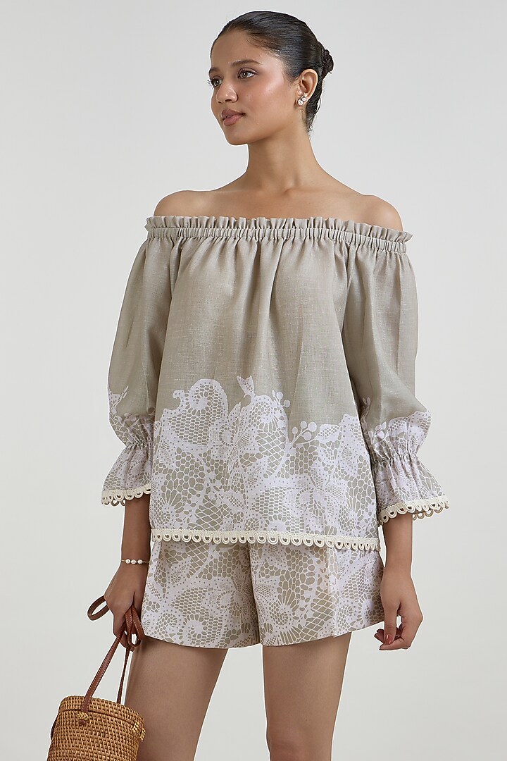Khaki Beige Linen Blend Placement Printed Co-Ord Set by Sobariko at Pernia's Pop Up Shop