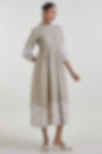 Khaki Beige Linen Blend Placement Printed Midi Summer Dress by Sobariko at Pernia's Pop Up Shop