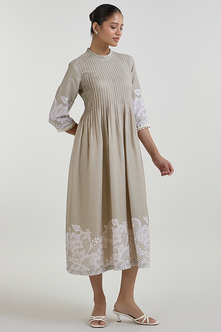 Khaki Beige Linen Blend Placement Printed Midi Summer Dress by Sobariko at Pernia's Pop Up Shop