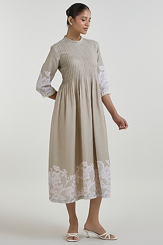 Khaki Beige Linen Blend Placement Printed Midi Dress by Sobariko