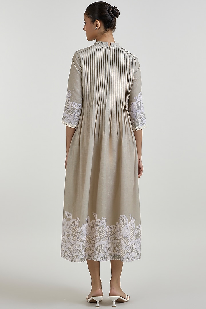 Khaki Beige Linen Blend Placement Printed Midi Summer Dress by Sobariko at Pernia's Pop Up Shop