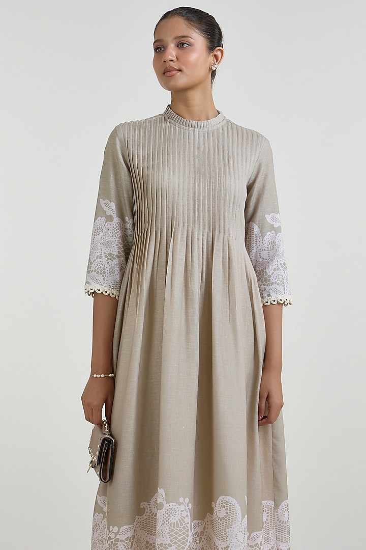Khaki Beige Linen Blend Placement Printed Midi Summer Dress by Sobariko at Pernia's Pop Up Shop