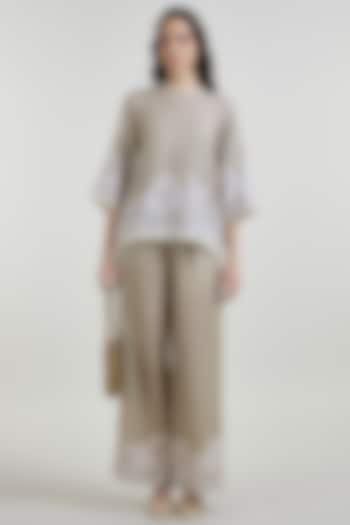 Khaki Beige Linen Blend Lace Printed Co-Ord Set by Sobariko at Pernia's Pop Up Shop